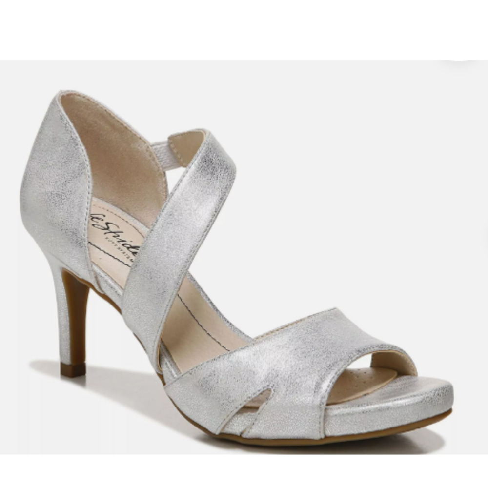 Lifestride Mega Fashion Slip ON Open Toe Stiletto Mid Heel Sandals Silver Size10